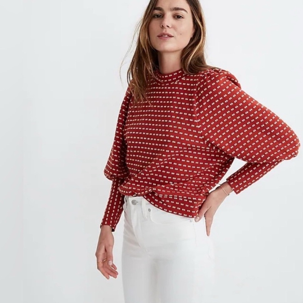 Madewell Red Puff Sleeve Diamond Patterned Long Sleeve Top
